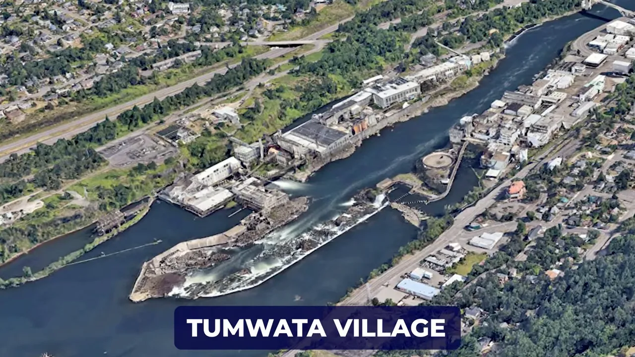 aerial rendering labeled Tumwata Village showing redevelopment around the falls