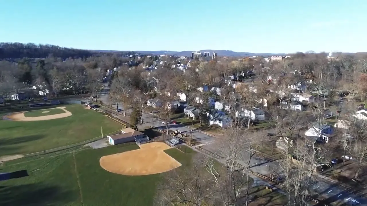 Aerial view of sports fields and homes near Lidgerwood Park in Morristown, New Jersey