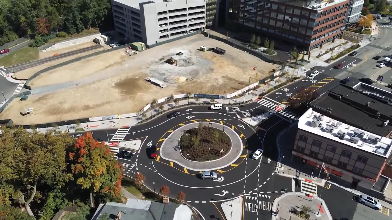 Aerial view of Morristown traffic circle intersection with roundabout landscaping