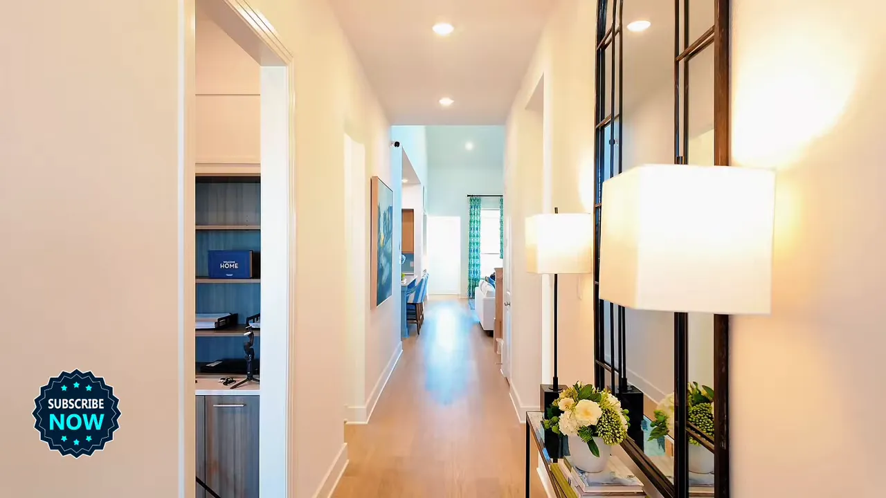 Bright entry hallway with mirror wall lamps and high ceiling