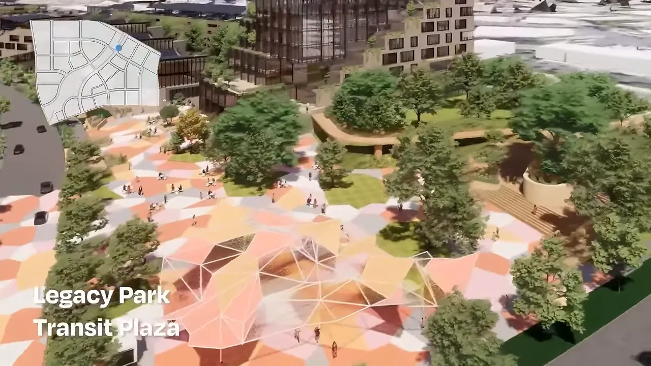 Rendering of Legacy Park Transit Plaza with trees pathways and shaded seating