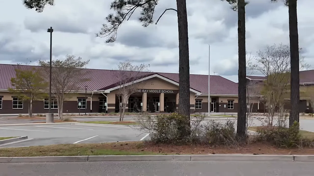 front exterior of Cane Bay Middle School with parking lot, trees, and cloudy sky