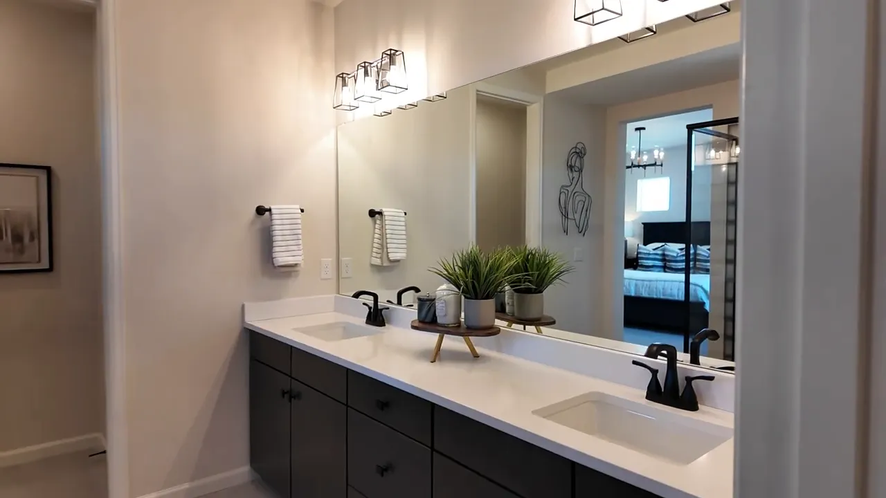 Primary bath double vanity with modern faucets and wall art in Tri Pointe Aurora Highlands second model