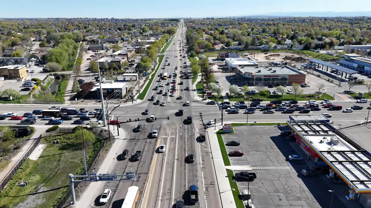 Aerial view of Eagle Road corridor with heavy vehicle traffic