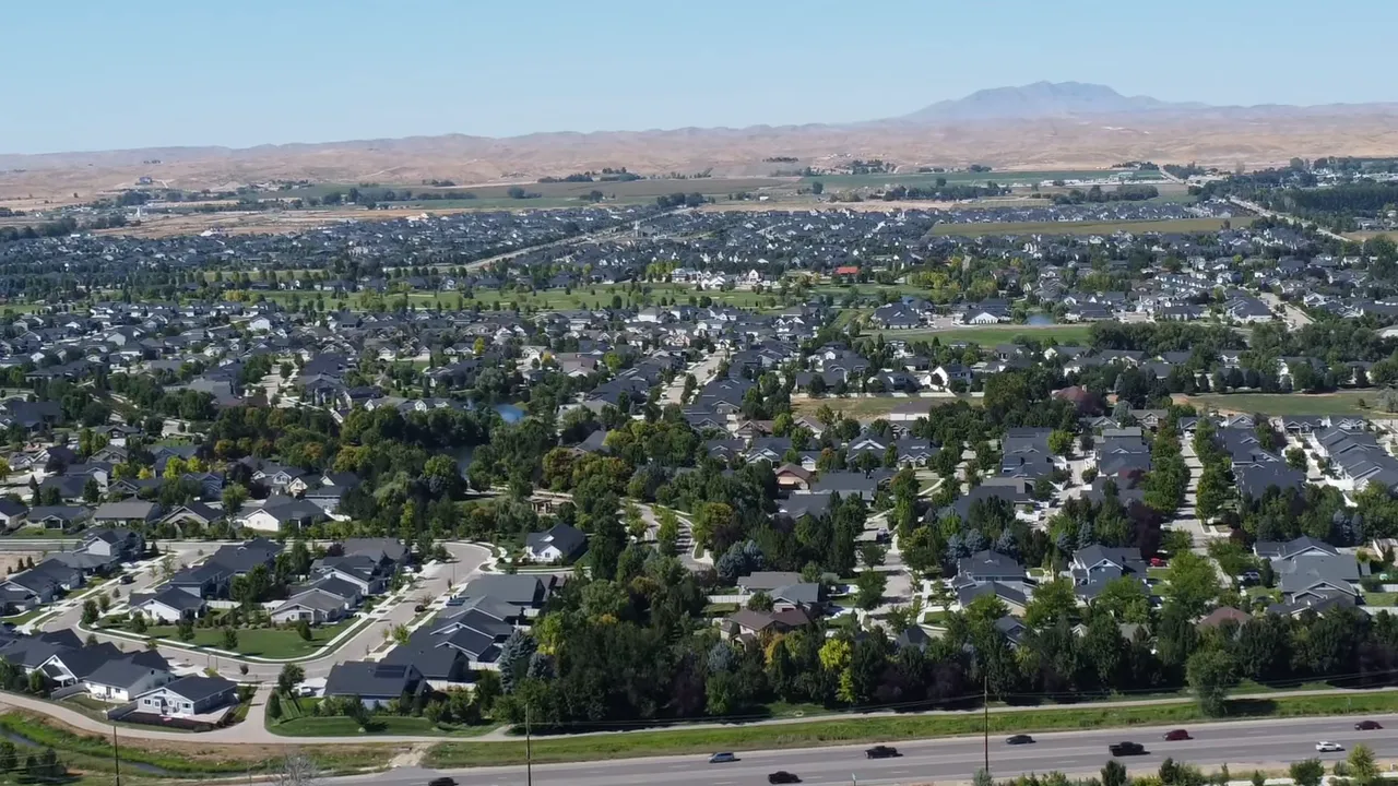 aerial view of Meridian suburbs with distant foothills on the horizon
