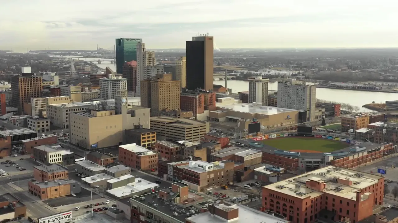 Aerial view of downtown Columbus buildings and surrounding streets