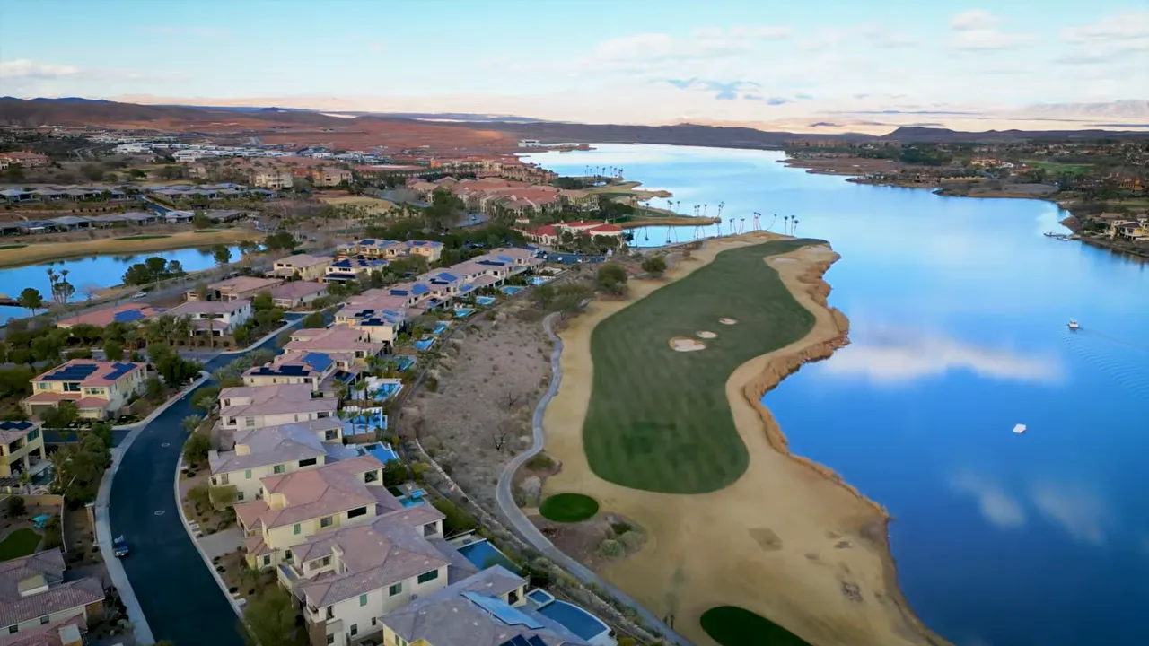Aerial view of Lake Las Vegas shoreline homes and golf course