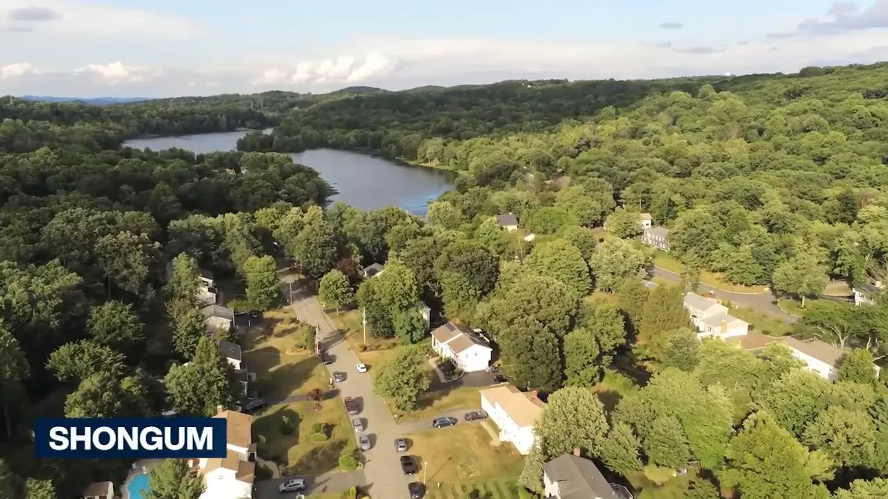 Aerial view of Shongum area in Randolph NJ with a river and homes