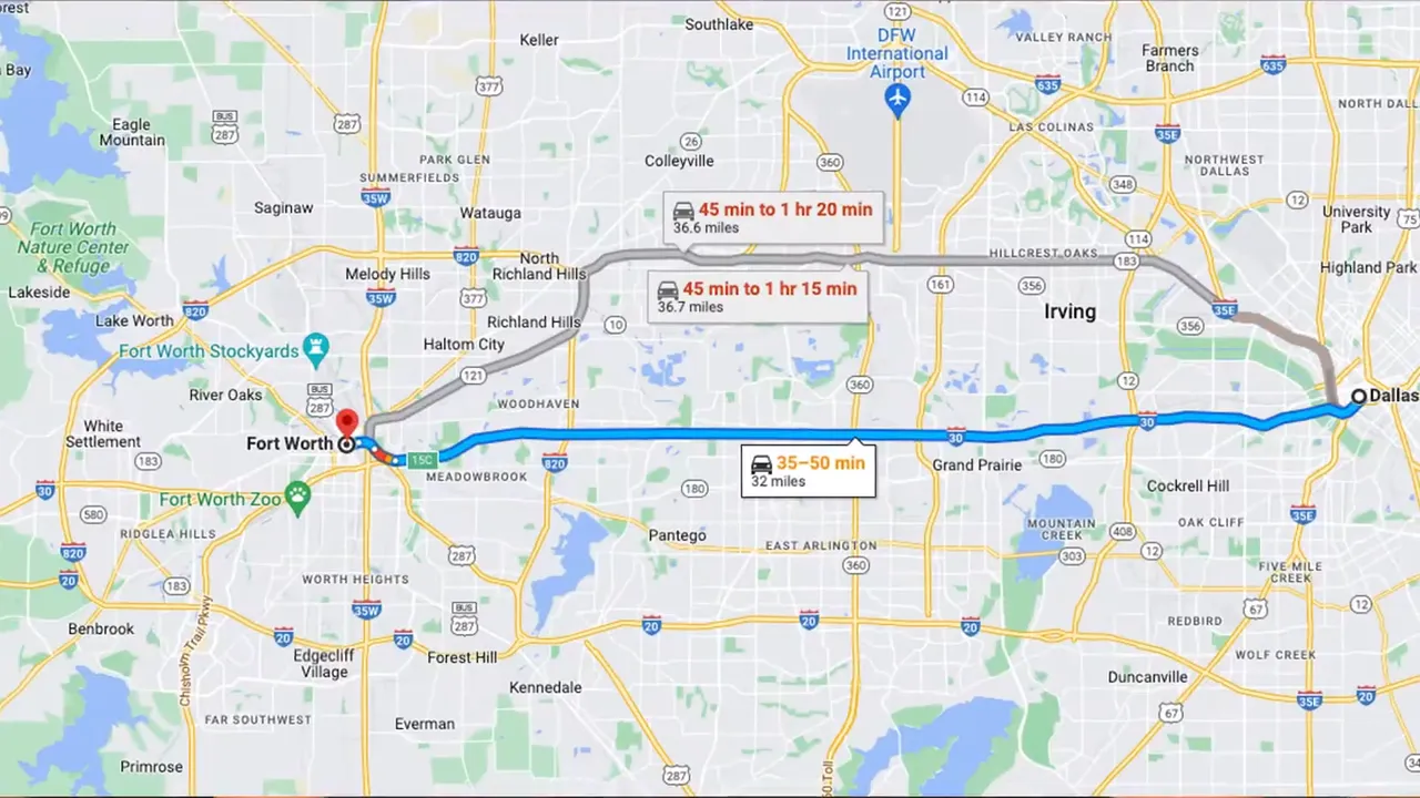 Map showing driving route and travel time between Dallas and Fort Worth