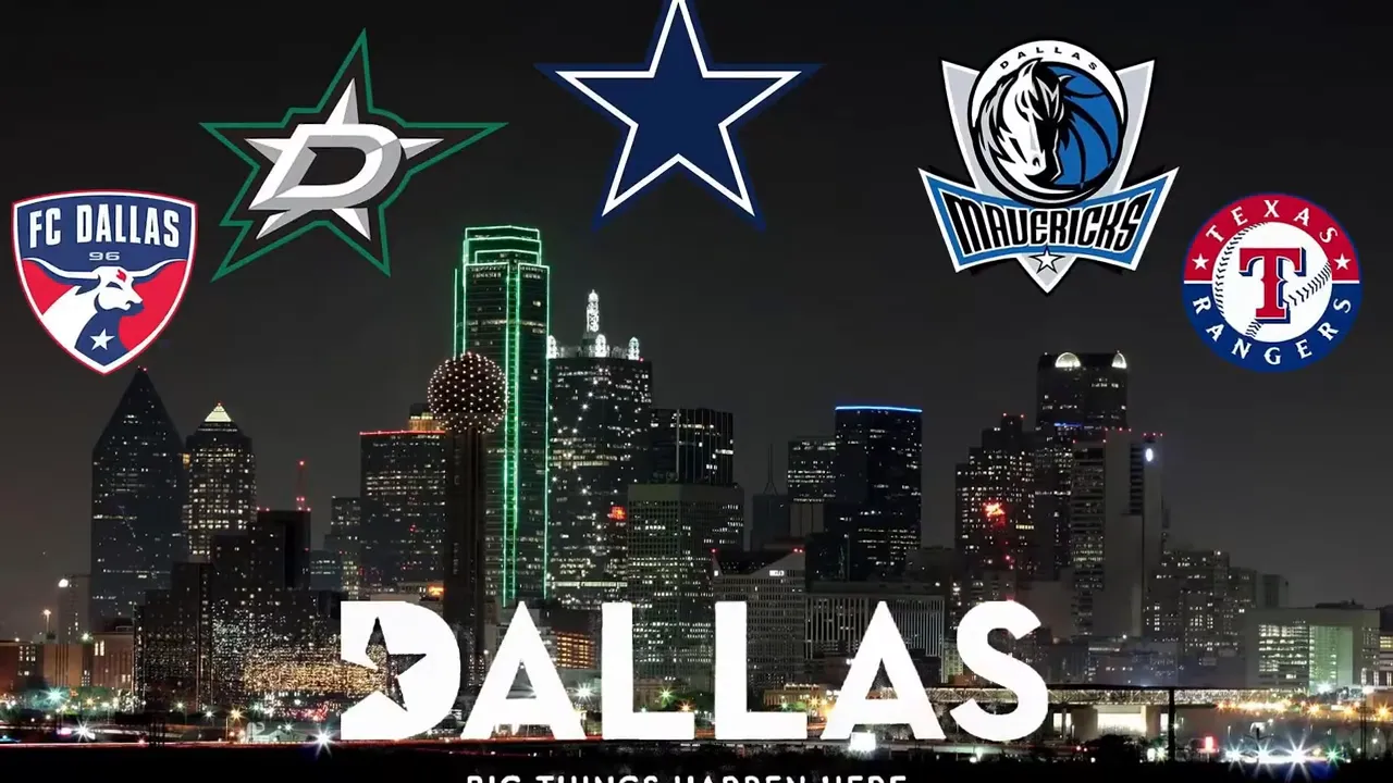 Dallas skyline graphic with logos for local sports teams