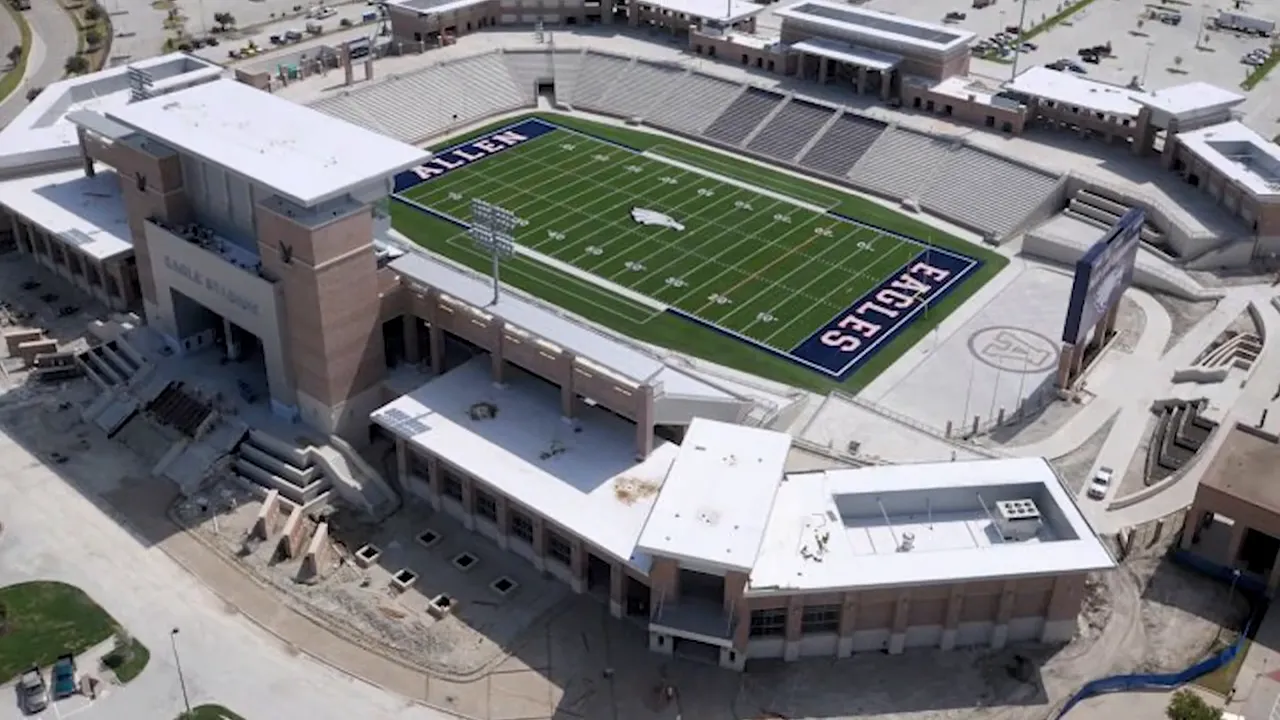 Aerial view of a large high school football stadium