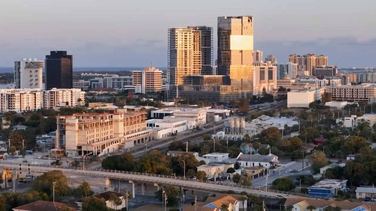 Wide skyline view of downtown West Palm Beach in warm evening light