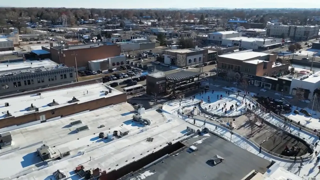 Aerial view of Indian Creek Plaza ice skating rink in downtown Caldwell