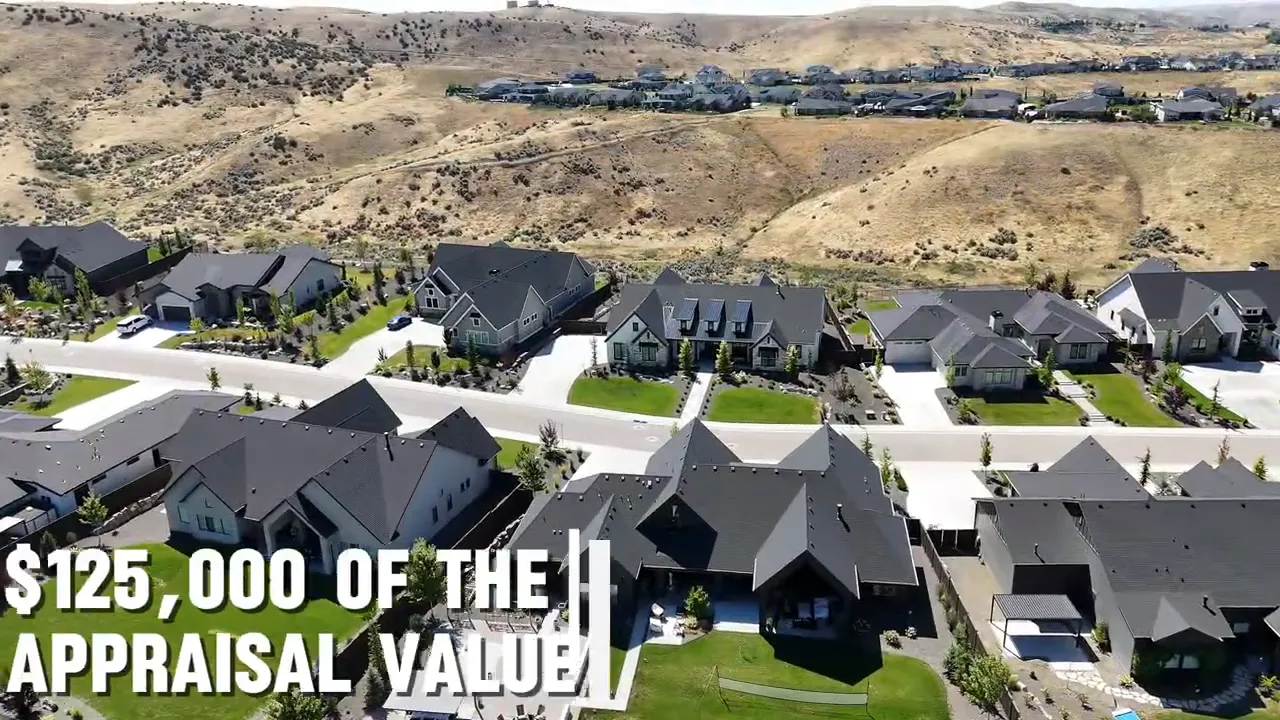 Residential neighborhood aerial view with overlay text about appraised value in Idaho
