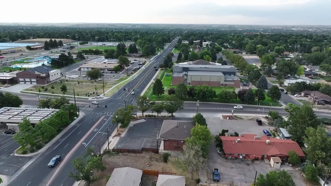 Aerial view of suburban roads and buildings in Northern Colorado