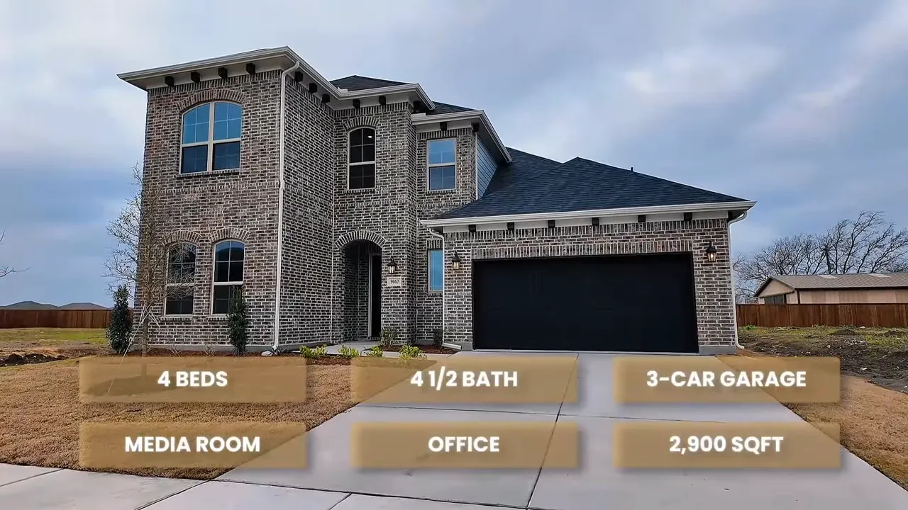 Front exterior of a Frisco TX new construction home with labels for 4 beds, 4.5 baths, office, media room, 3-car garage, and 2,900 sqft