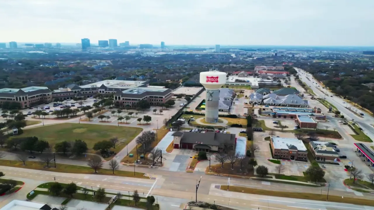 Aerial view of Frisco Texas skyline and neighborhoods