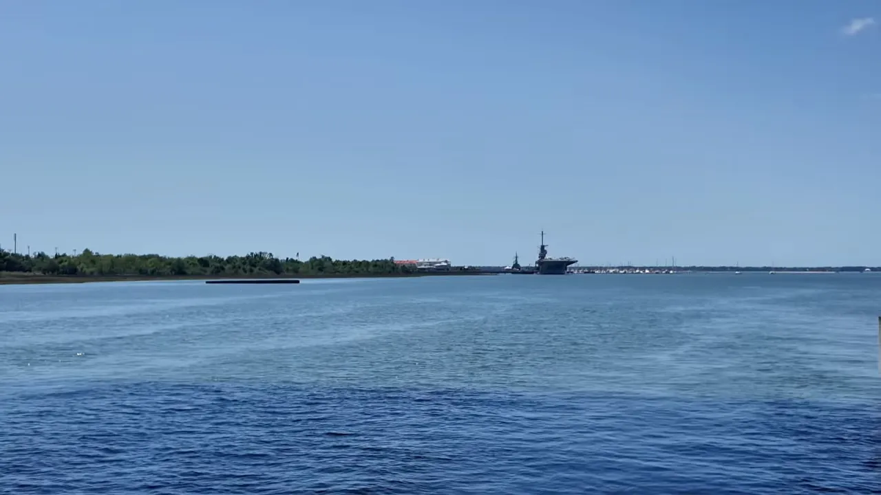 Calm water and distant ships across a Charleston-area waterway