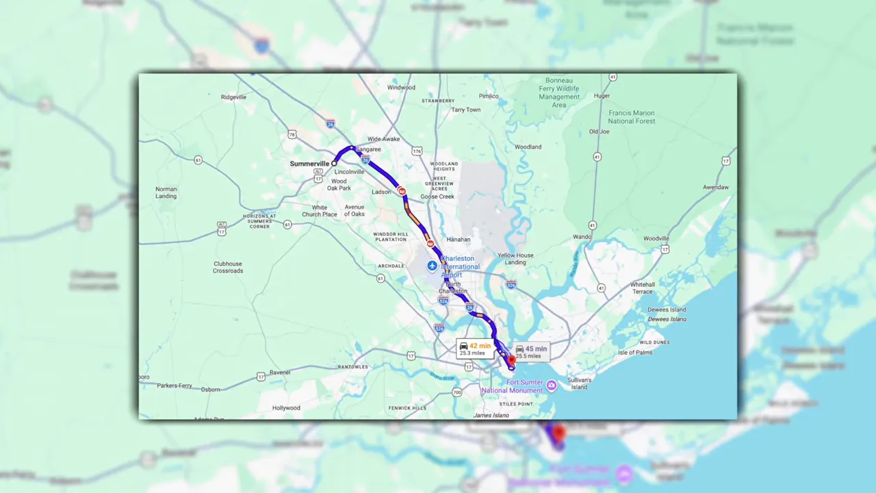 Route map with estimated minutes from Summerville area to Charleston, including Ravenel Bridge area