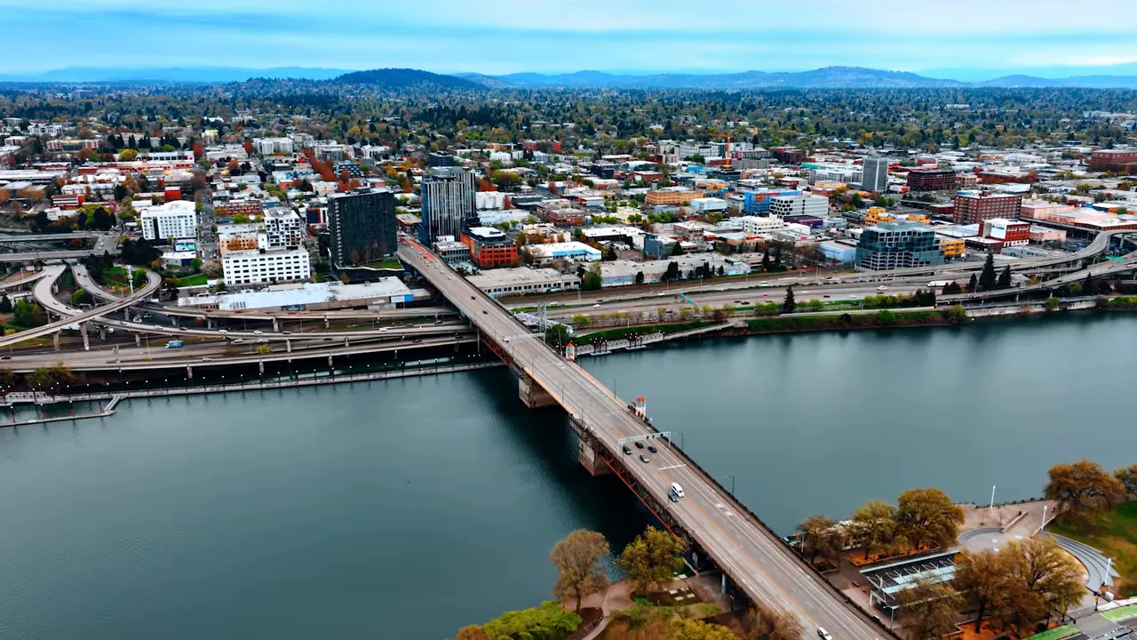 Aerial view of Portland Oregon with the river and bridges