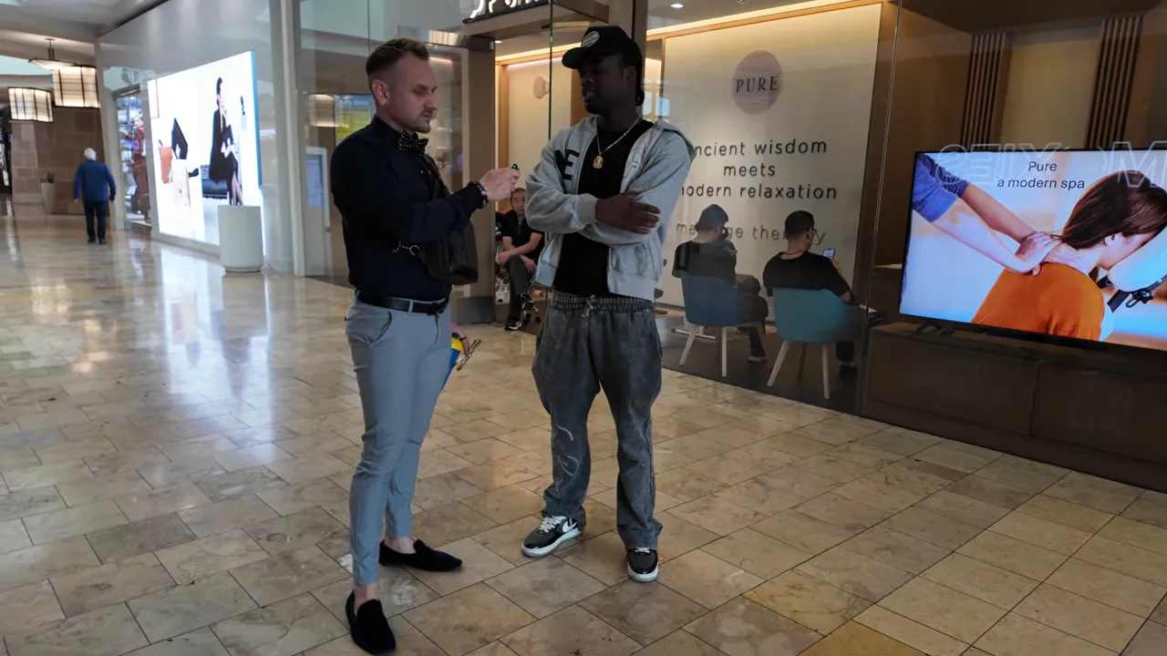 Two people standing and talking during street interviews about real estate trust in Scottsdale mall