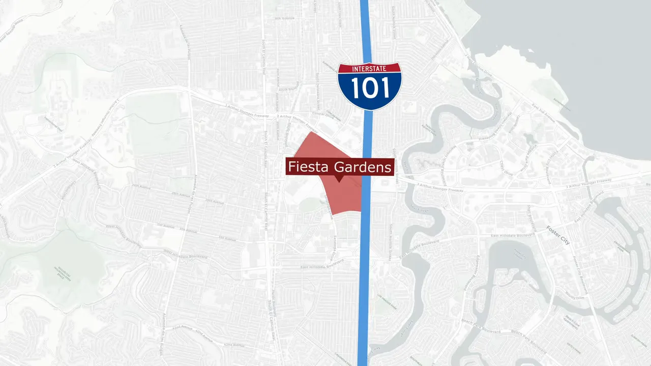 Map showing Fiesta Gardens near Highway 101 and Highway 92