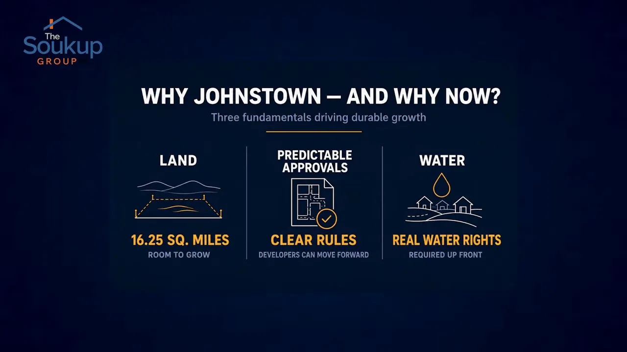 Graphic listing land predictable approvals and water as Johnstown growth fundamentals