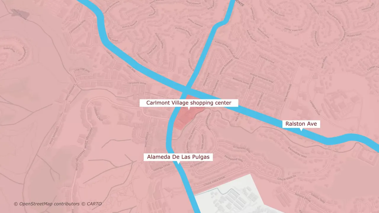 Map showing Carlmont Village shopping center near Alameda de las Pulgas and Ralston Avenue