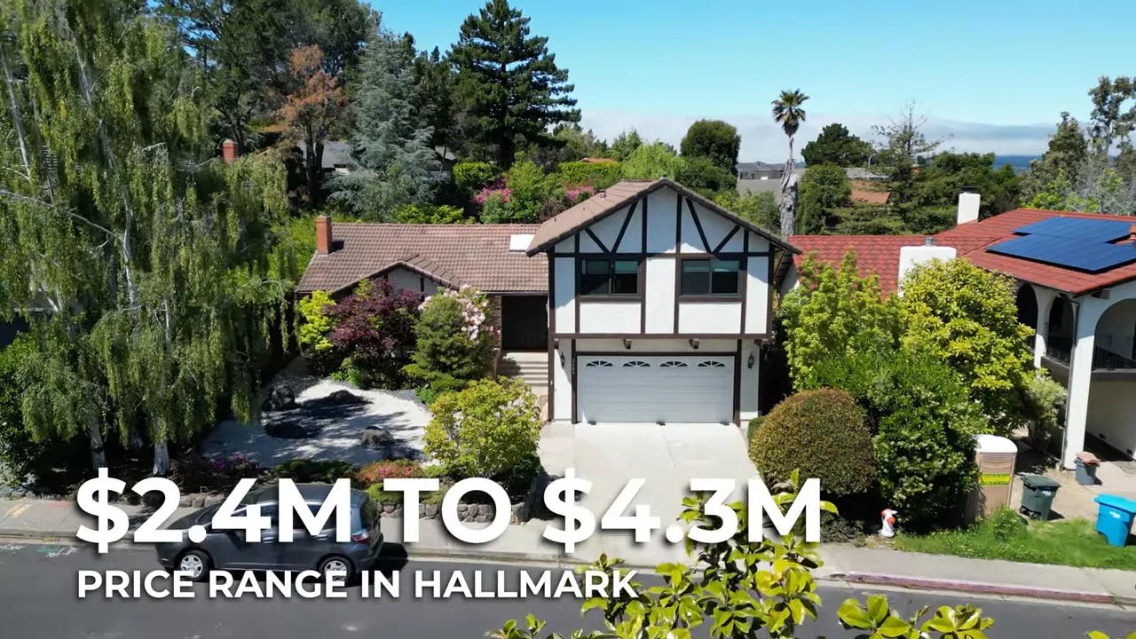 Home surrounded by trees with text showing Hallmark price range from 2.4 million to 4.3 million dollars