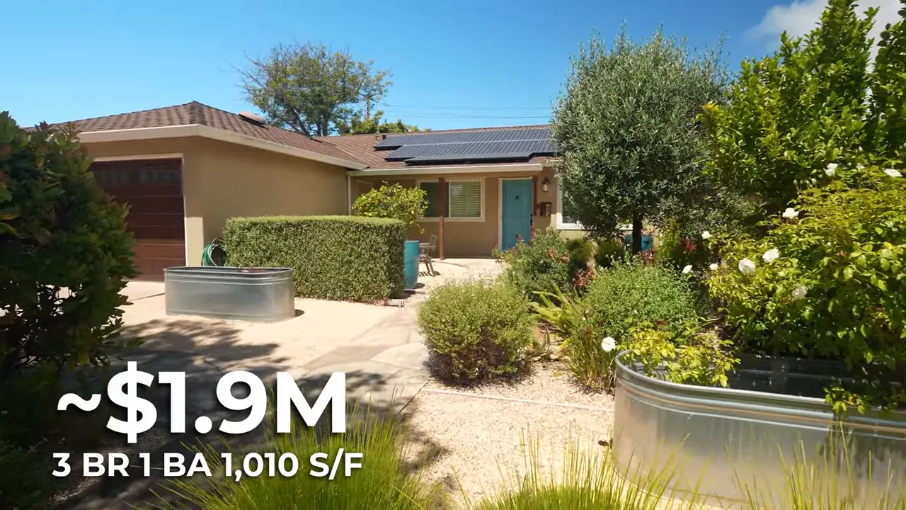 Single story home with landscaped front yard and text showing about 1.9 million dollars for three bedrooms one bathroom and 1010 square feet