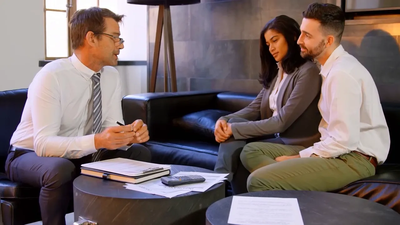 Agent presenting information to buyers during a new construction discussion
