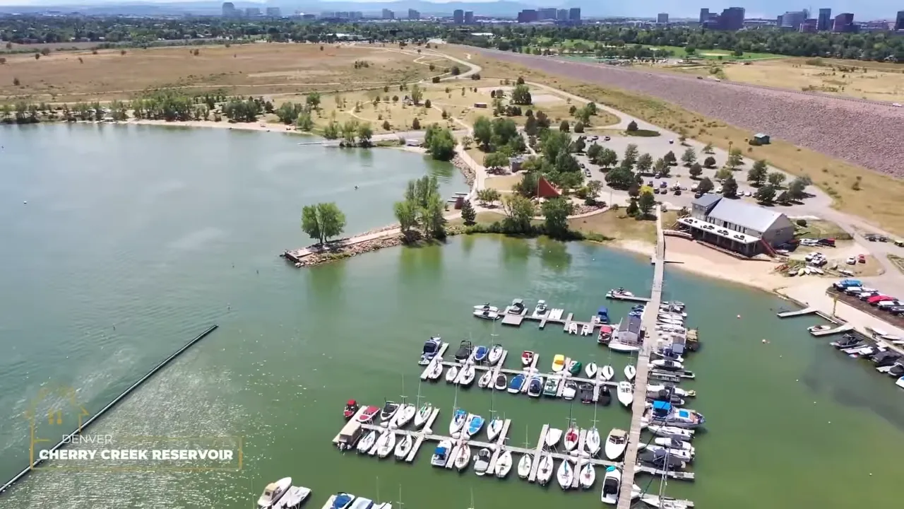 Aerial view of boats docked at Cherry Creek Reservoir marina