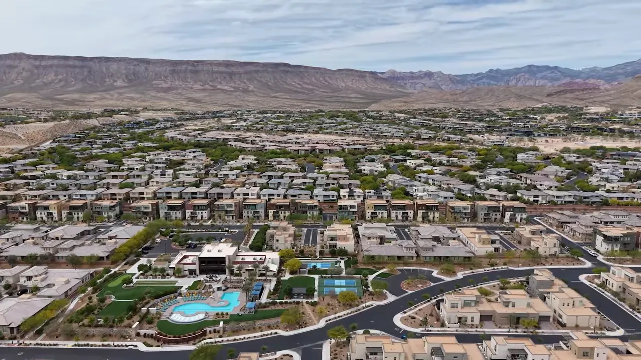 Aerial view of Trilogy Summerlin campus with pools and landscaped amenities