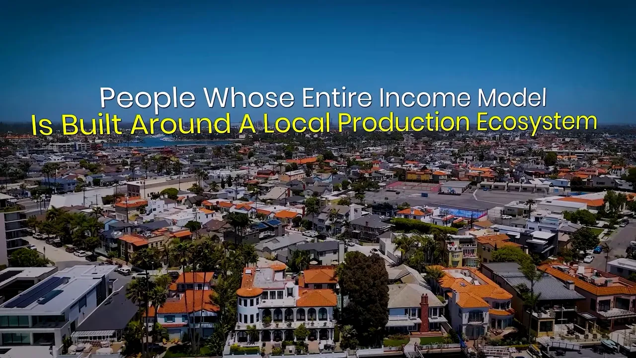 Aerial of waterfront homes with text about people whose income model is built around a local production ecosystem