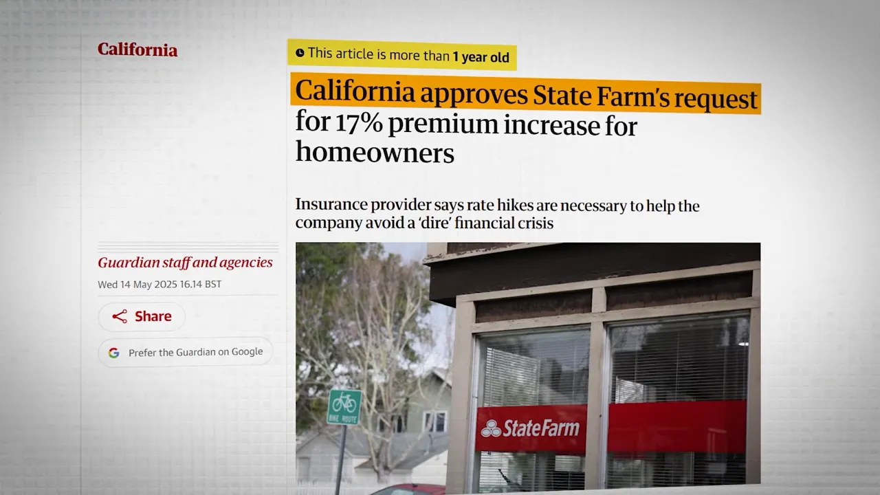 News article headline about California approving State Farms request for 17 percent premium increase for homeowners
