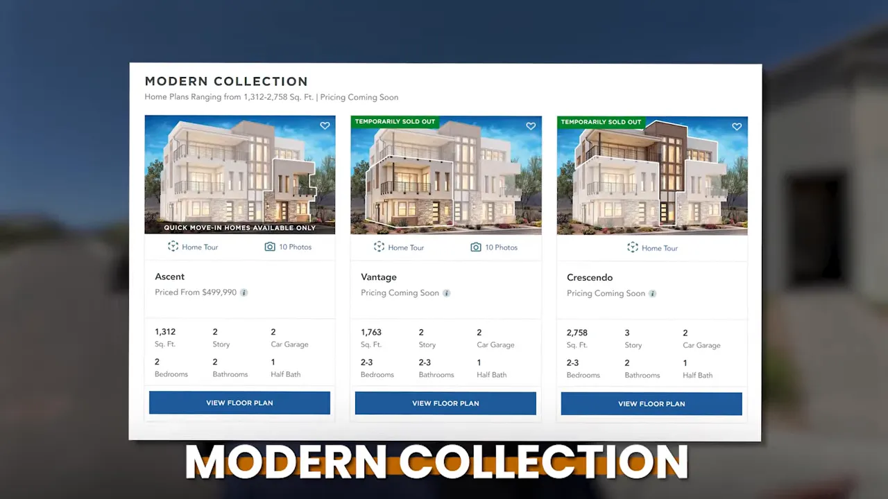 Modern Collection home plan options at Trilogy Sunstone showing multiple floor plans
