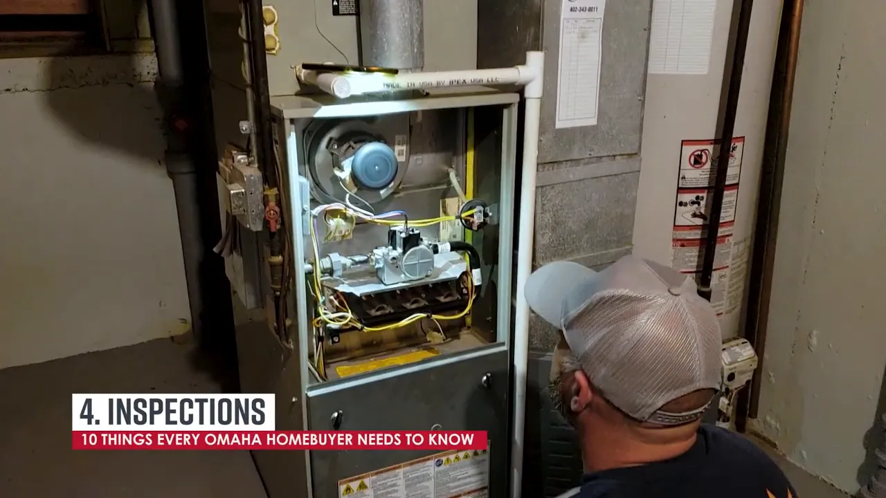 Home inspector inspecting furnace and HVAC unit in basement with '4. INSPECTIONS' overlay