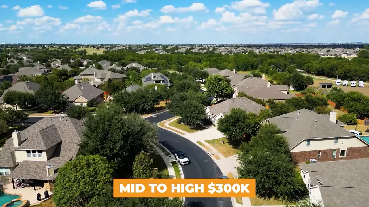 Drone aerial of suburban street with a clear on-screen banner reading 'MID TO HIGH $300K'.