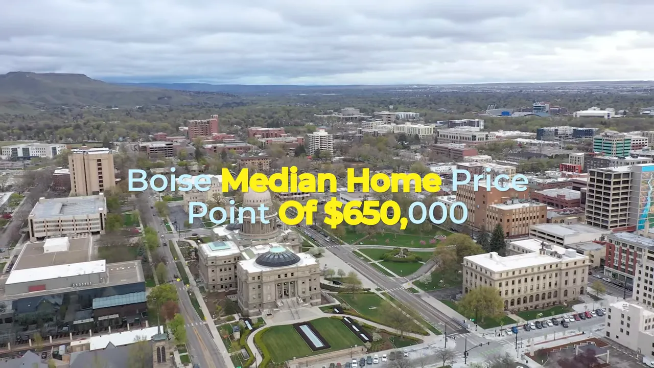 Aerial view of Boise with text showing median home price of 650000 dollars