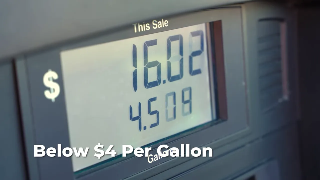 Gas pump display with text stating below 4 dollars per gallon