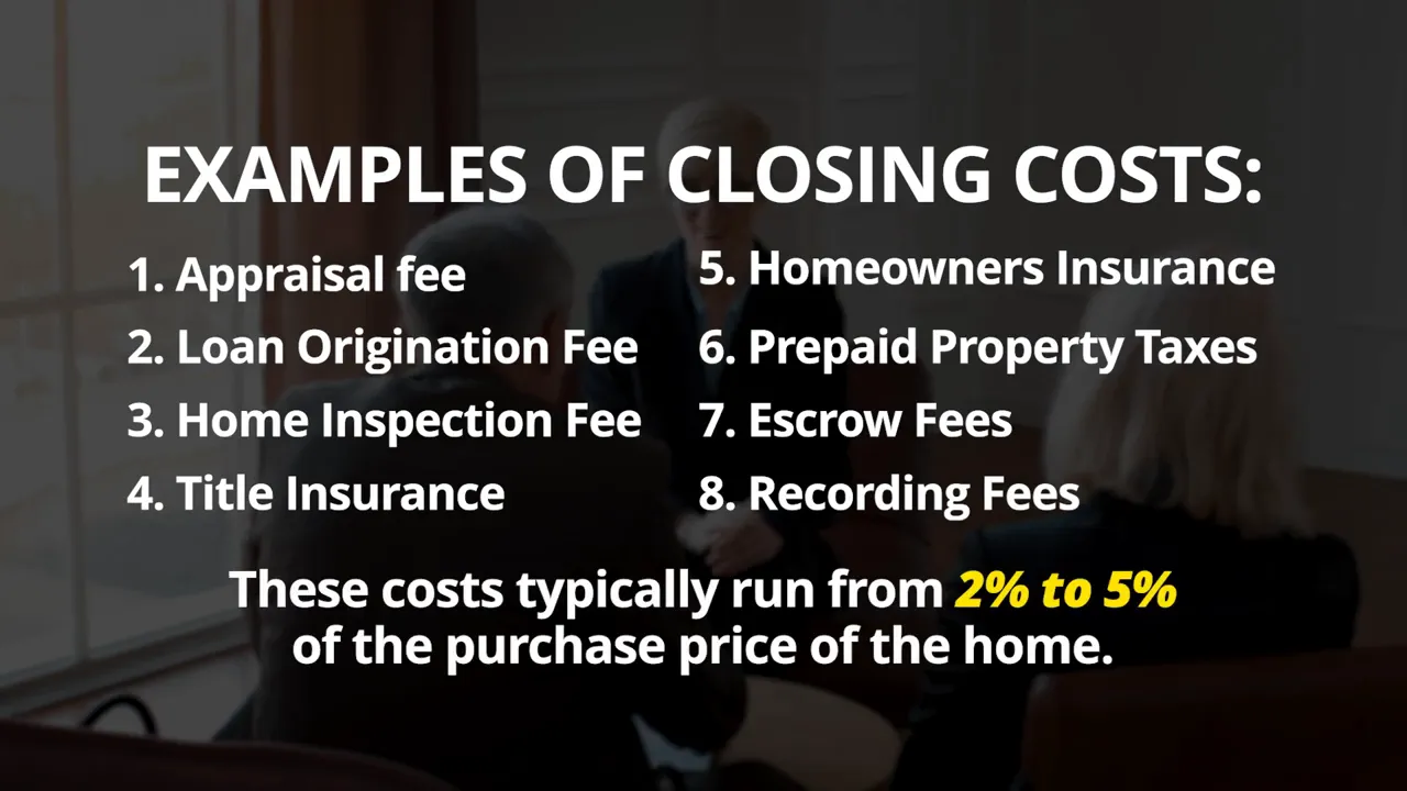 Slide listing examples of closing costs and showing 2 percent to 5 percent range
