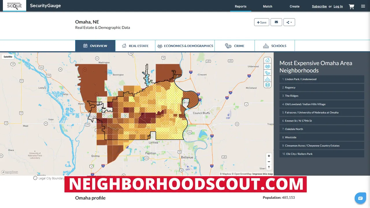 NeighborhoodScout map of Omaha with crime heat map and neighborhood data panel