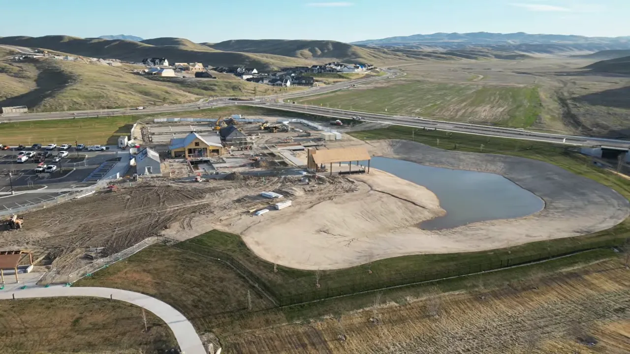 Aerial view of Valnova construction site with a planned lake area in the Eagle foothills
