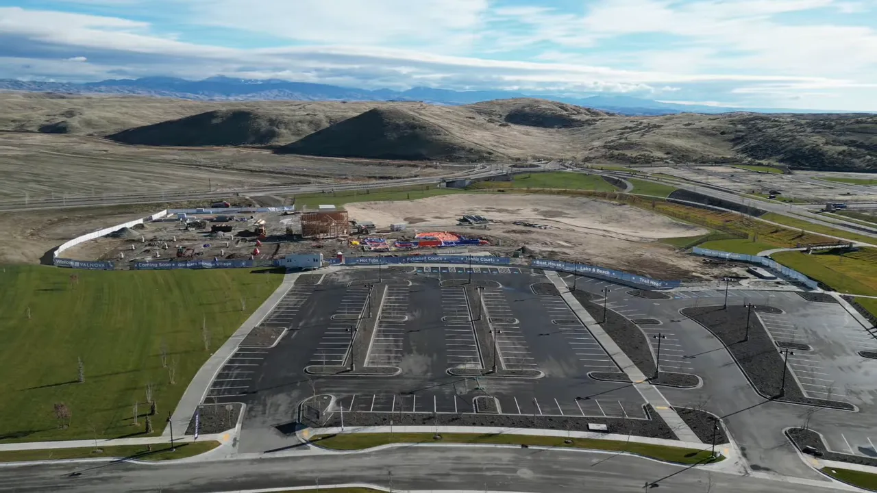 Aerial view of Valnova construction site with planned village and open land in the surrounding Eagle foothills