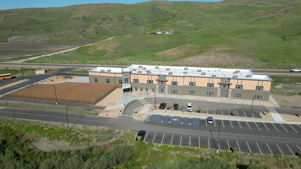 Aerial view of the Avimor school campus with surrounding hills near Eagle, Idaho
