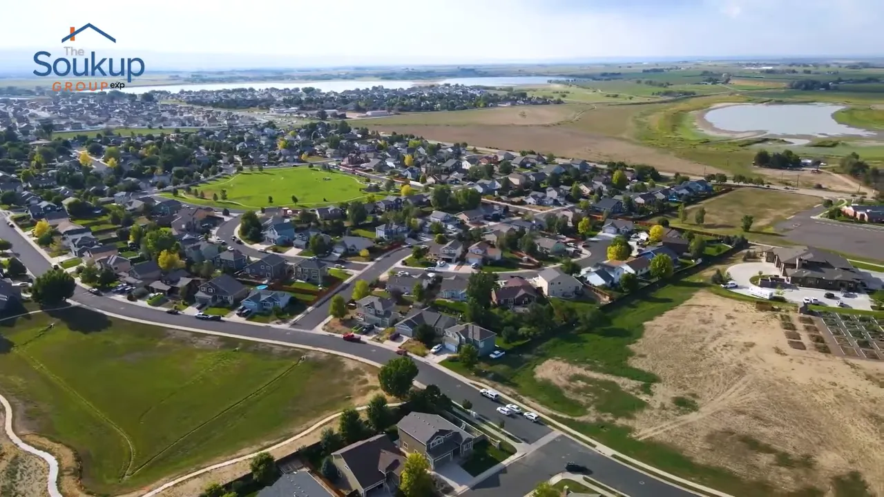 Aerial view of green neighborhoods and ponds
