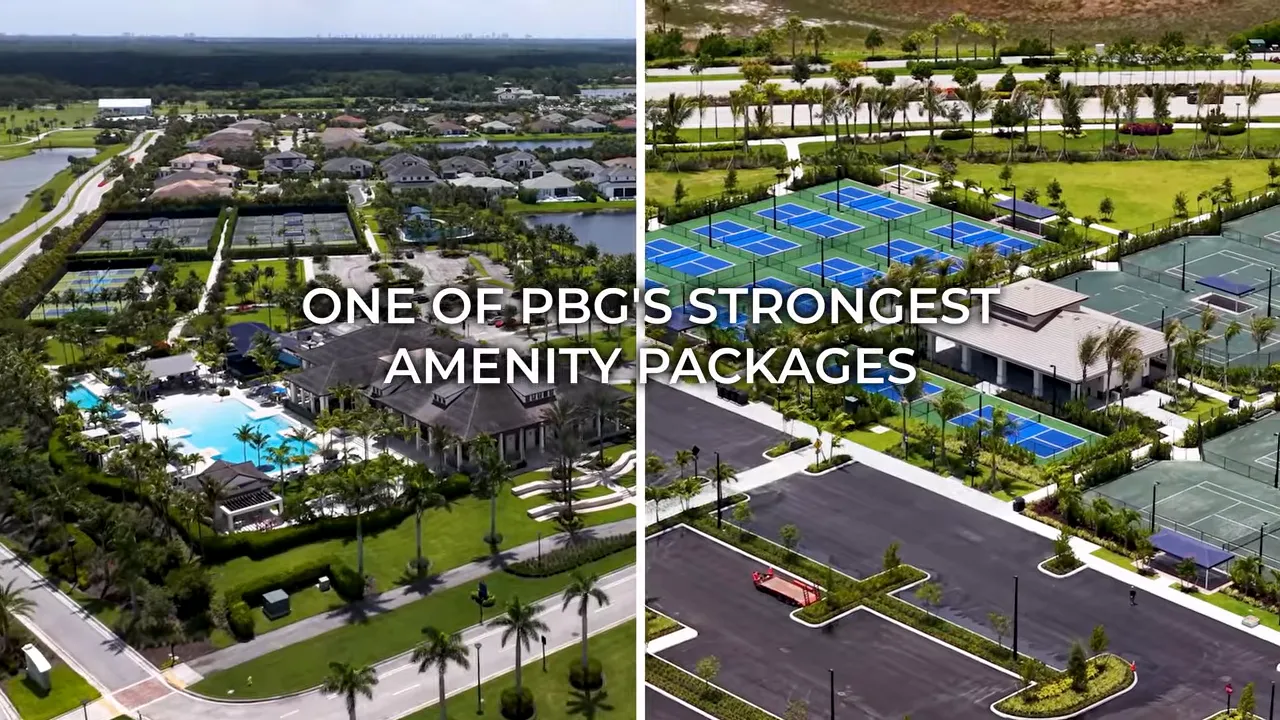 Split aerial view of pool clubhouse and blue sports courts labeled strong amenity package