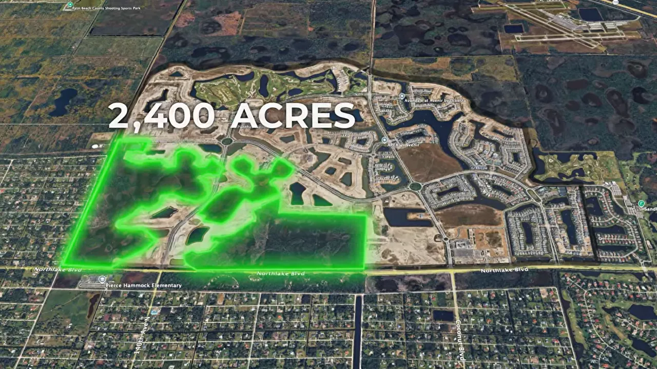 Aerial map showing 2400 acres of protected land highlighted in green