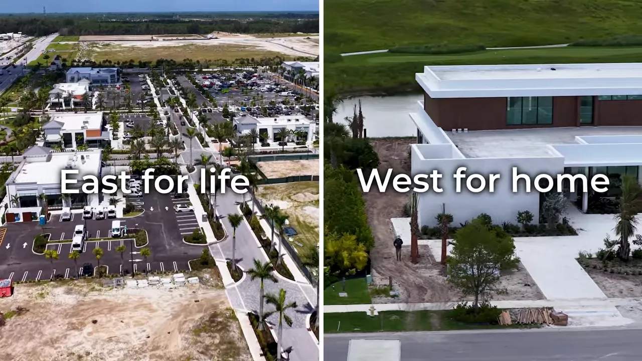 Split aerial image labeled East for Life and West for Home