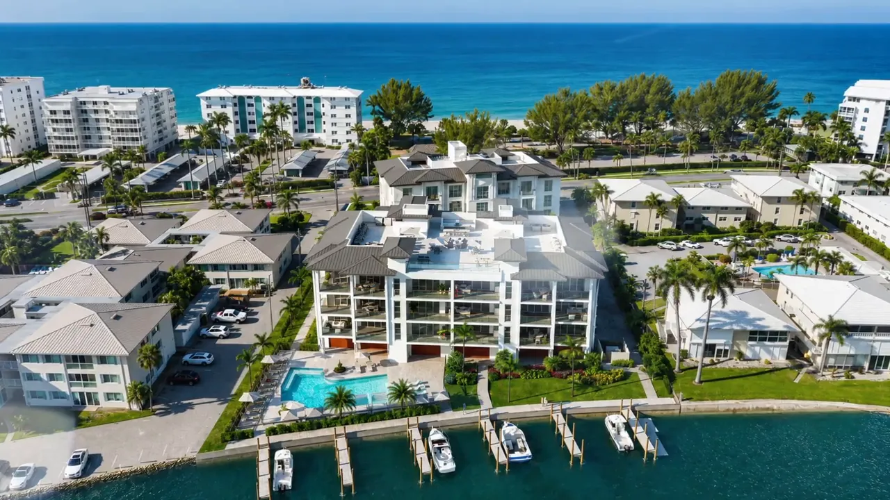 Aerial rendering of 2020 Gulf Shore between bay and Gulf